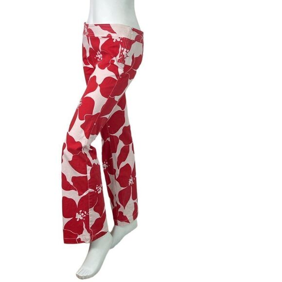 Ester Chen Vintage 90's Hawaiian Style Red & Pink Floral Bootleg Pants Size 6 - Picture 1 of 10